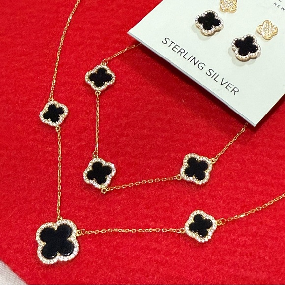 Rachel Zoe 18K Gold Clover Onyx Jewelry Set - Picture 1 of 8